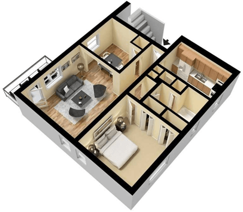 Floor plan for 1 bed, 1 bath, 750 sqft